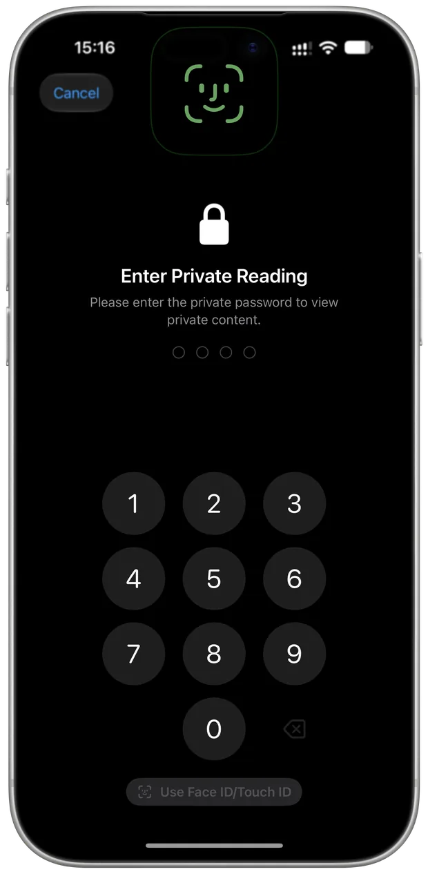 Manul's Private Reading lock screen with Face ID